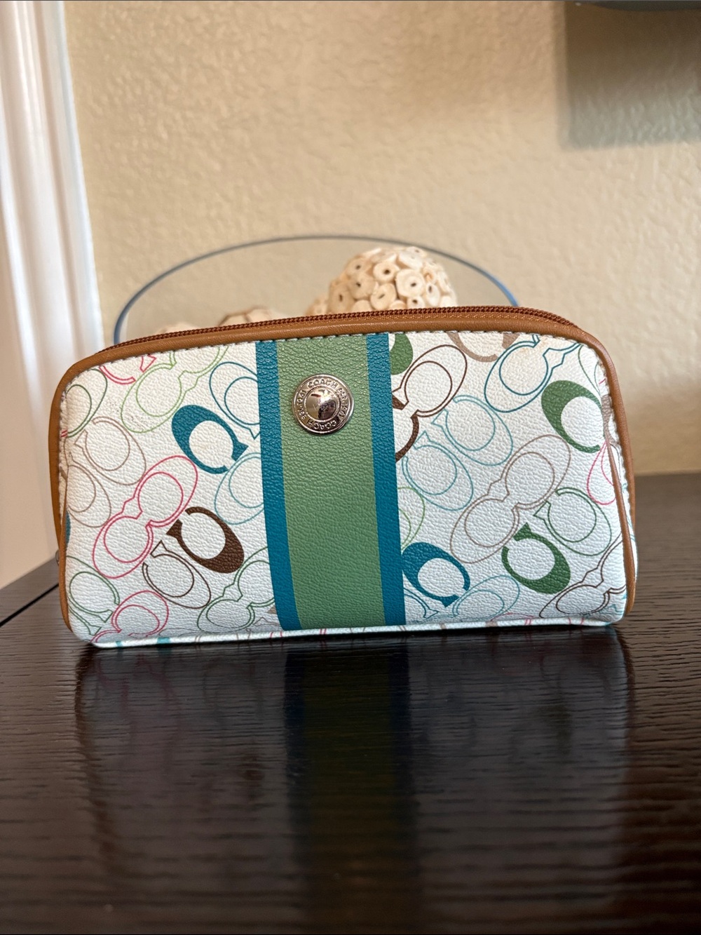 Coach Multicolor Signature Stripe Cosmetic Pouch in Teal and Green